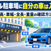 ホテル駐車場に自分の車が入るか、車高・車幅・全長・重量を確認するイメージ