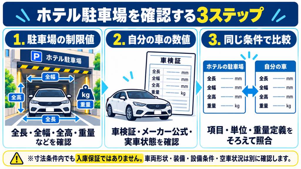 ホテル駐車場を確認する3ステップ。駐車場の制限値、自分の車の数値、同じ条件で比較する流れ