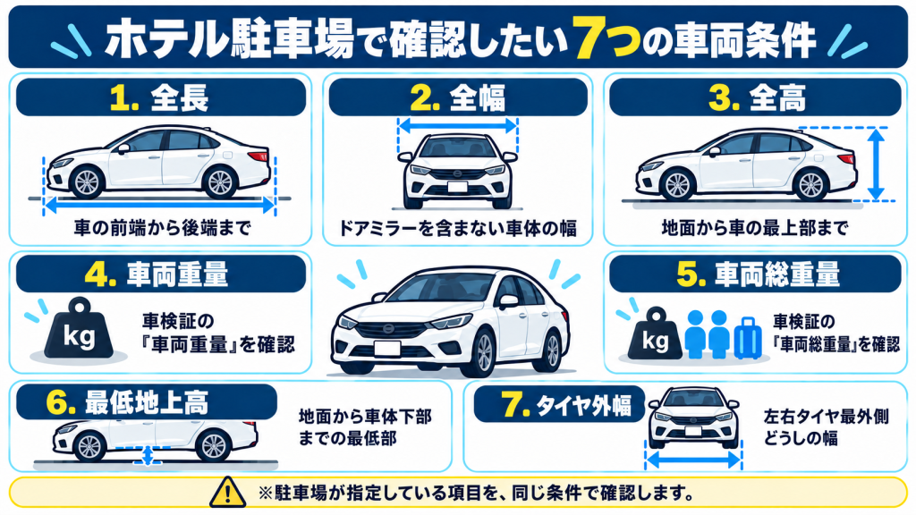 ホテル駐車場で確認したい全長・全幅・全高・車両重量・車両総重量・最低地上高・タイヤ外幅の7項目