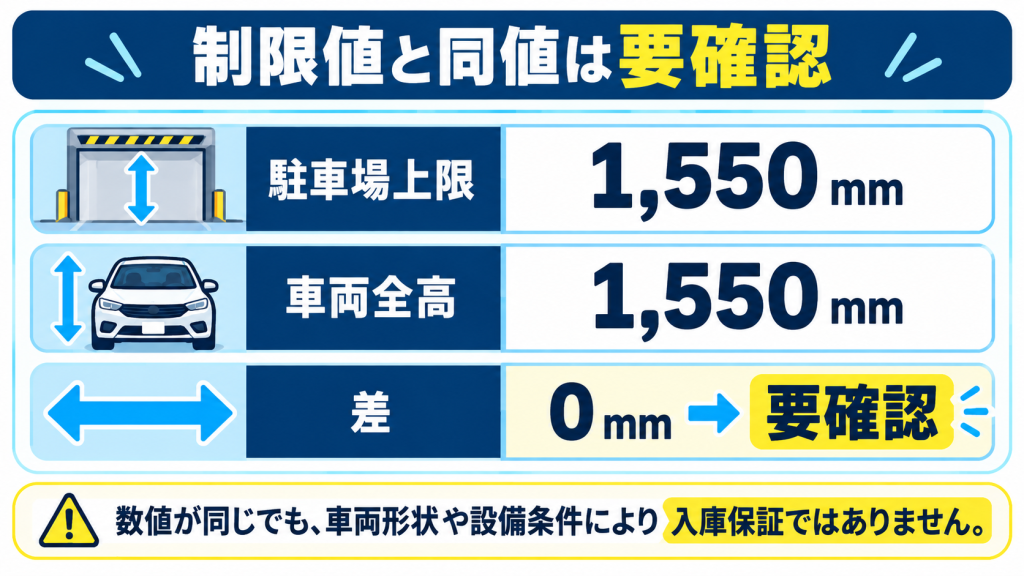 駐車場上限1550mmと車両全高1550mmが同値の場合は要確認とする考え方