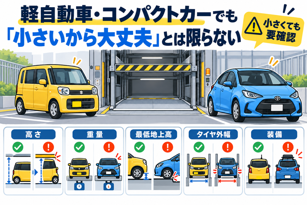 軽自動車やコンパクトカーでも駐車場のサイズ・設備条件確認が必要なことを示す図解