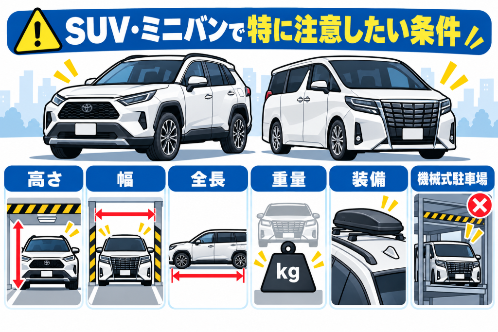 SUV・ミニバンで全高・全幅・重量などの駐車条件確認が必要なことを示す図解