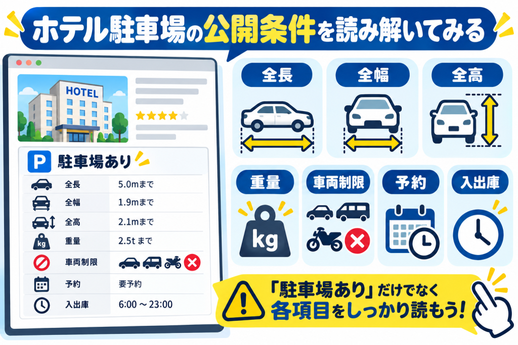 ホテル駐車場の公開条件を読み解き、車両側の数値と照合する方法を示す図解