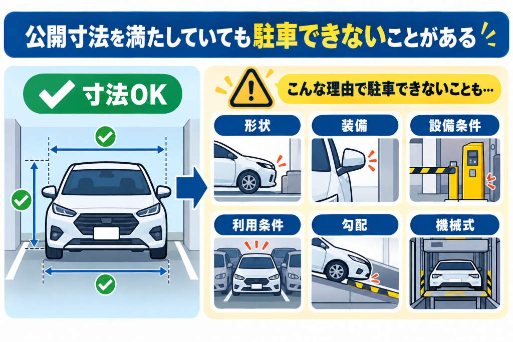 公開寸法を満たしていても車種・装備・設備条件により入庫できない場合があることを示す図解