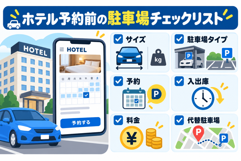 ホテル予約前に確認する駐車場の車両適合条件と利用条件のチェックリストを示す図解