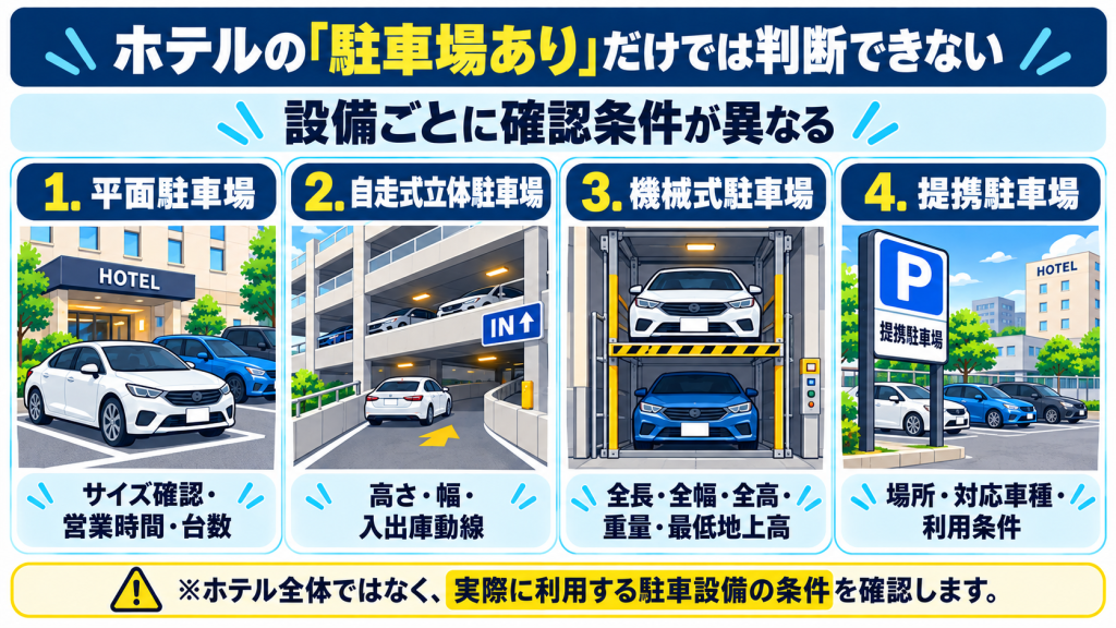 「駐車場あり」だけでは自分の車が停められるとは限らないことを示す図解