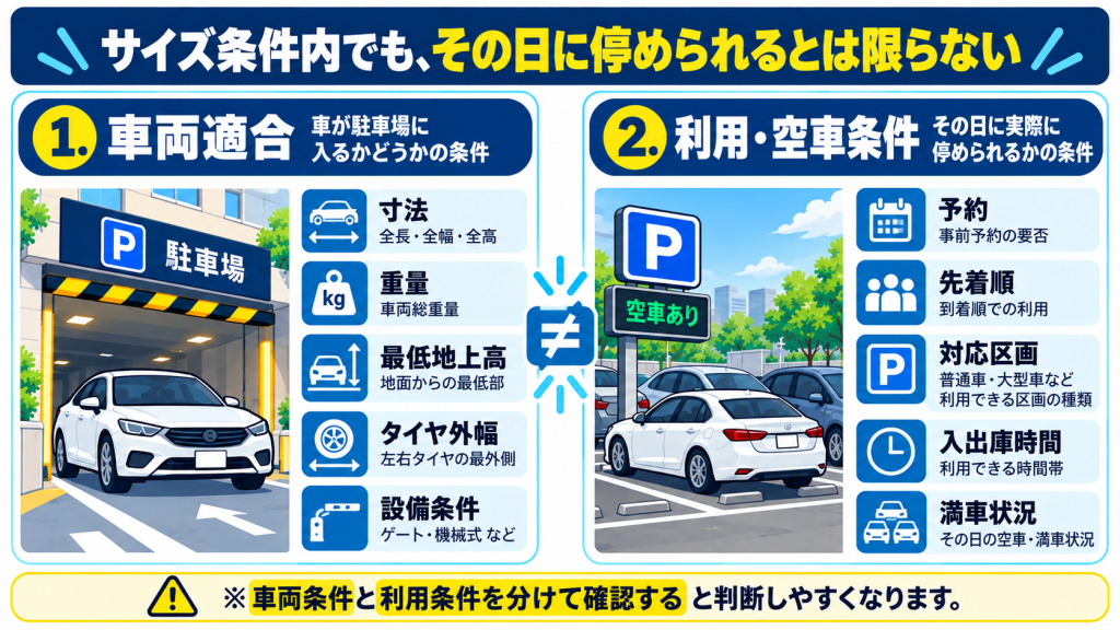 車両条件に適合していても空車や予約条件は別に確認が必要なことを示す図解